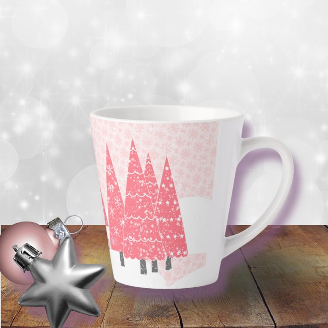 Modern Pink Christmas Trees Monogram Latte Mug (Creator Uploaded)