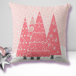 Modern Pink Christmas Trees Monogram Throw Pillow