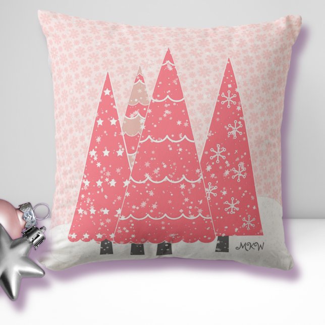 Modern Pink Christmas Trees Monogram Throw Pillow (Creator Uploaded)