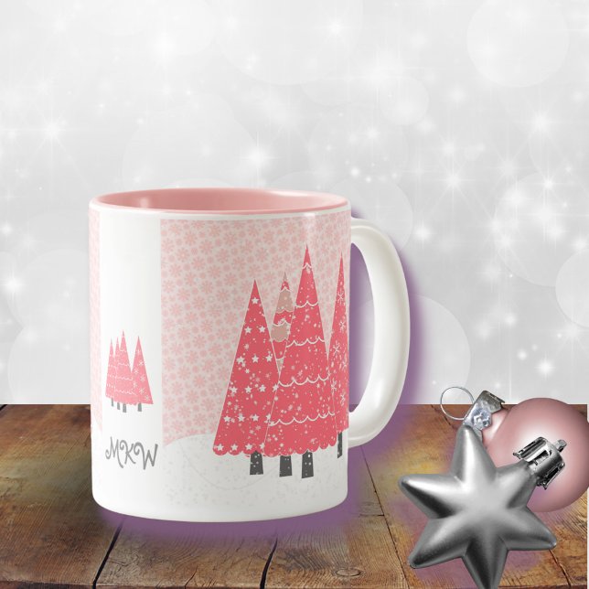 Modern Pink Christmas Trees Monogram Two-Tone Coffee Mug (Creator Uploaded)