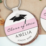 Modern Pink Class of and Graduate Name Graduation Key Ring<br><div class="desc">Modern and Simple Pink Class of Graduation Keychain with a graduate name,  school name and black graduation cap. Pink stripe on white background. Personalise the keychain and make a great personalised gift and keepsake for a graduate.</div>