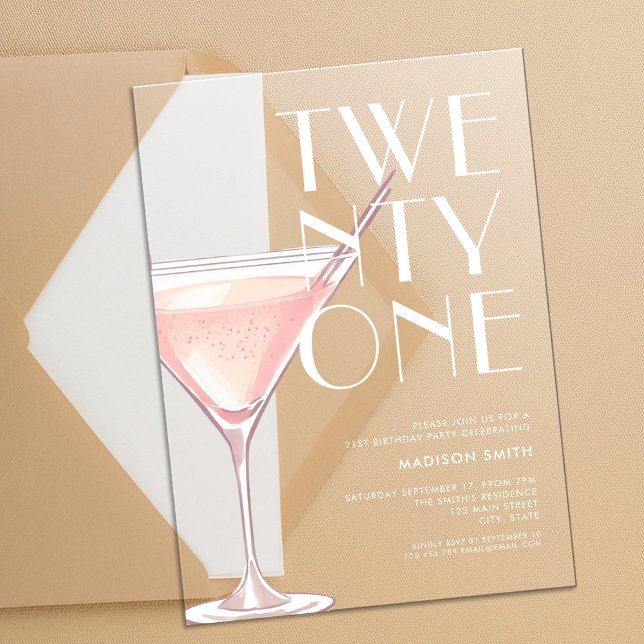 Modern Pink Cocktail 21st Birthday Acrylic Invitations (Creator Uploaded)