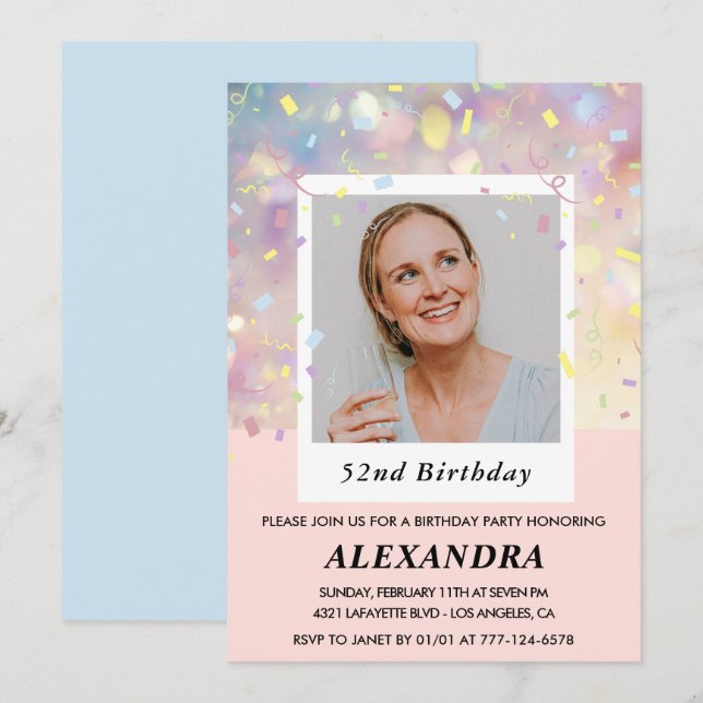 Modern Pink Confetti Photo 52nd birthday Invitation (Front/Back)