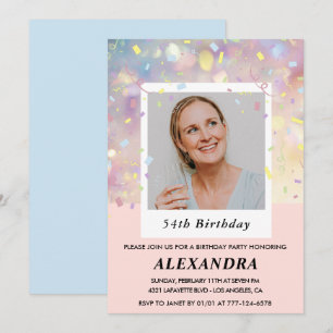 Modern Pink Confetti Photo 54th birthday Invitation