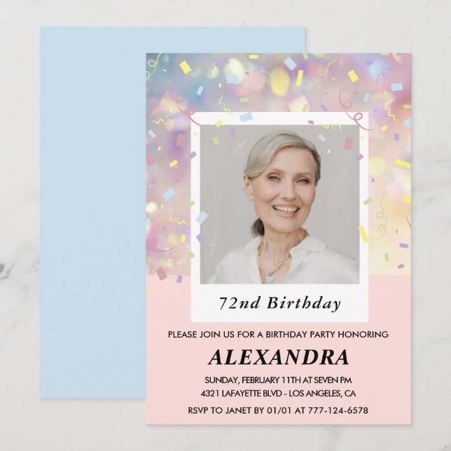 Modern Pink Confetti Photo 72nd birthday Invitation (Front/Back)