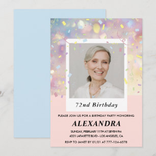 Modern Pink Confetti Photo 72nd birthday Invitation