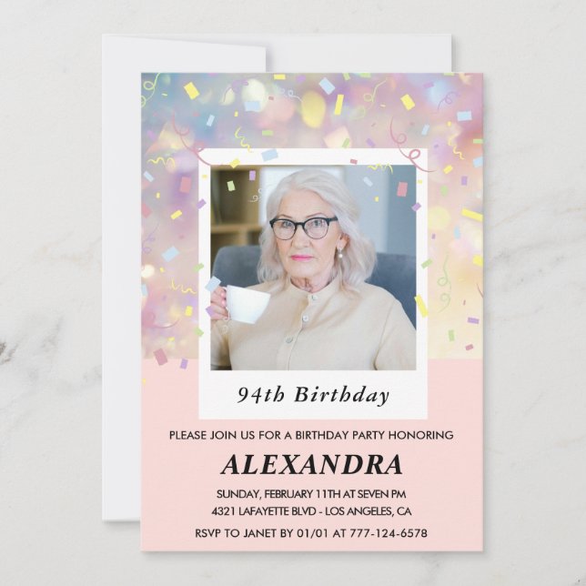 Modern Pink Confetti Photo 94th birthday Invitation (Front)