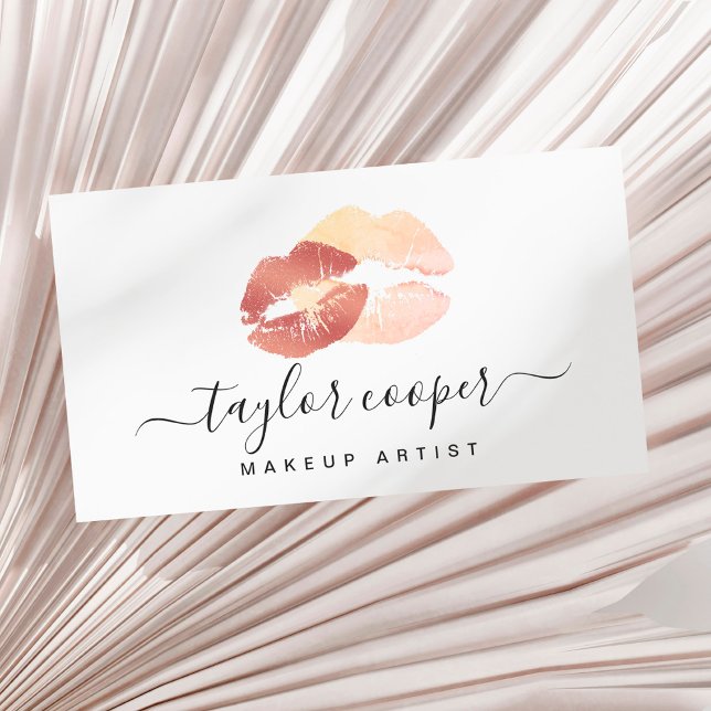 Modern pink & copper rose gold lips makeup artist business card (Creator Uploaded)