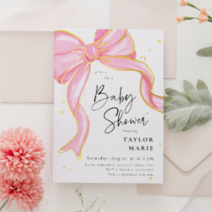 Modern Pink Coquette Bow Baby Shower Girl Invitation