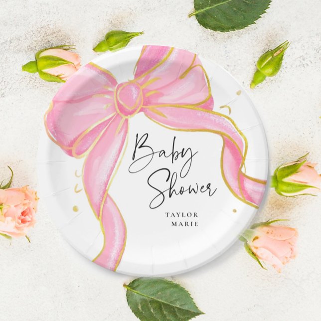 Modern Pink Coquette Bow Baby Shower Girl Paper Plate (Creator Uploaded)