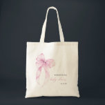 Modern Pink Coquette Bow Baby Shower Tote Bag<br><div class="desc">Celebrate the mom-to-be in style with this Modern Pink Coquette Bow Baby Shower Tote Bag. Featuring a chic pink bow design paired with elegant modern typography, this personalized tote adds a charming and feminine touch to any baby shower celebration. Perfect as a gift bag, favor bag, or keepsake for the...</div>