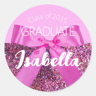 Modern Pink Coquette Bow Graduate Glitter Script Classic Round Sticker