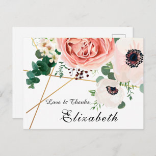 Modern Pink Coral Floral Botanical Thank You Postcard