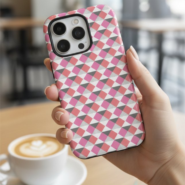 Modern Pink Coral Grey Geometric Harlequin Pattern iPhone Case (Creator Uploaded)