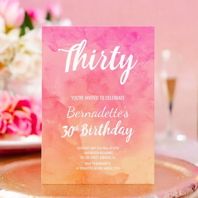 Modern pink coral watercolor ombre 30th Birthday Invitation (Modern pink coral watercolor ombre 30th Birthday Invitation)