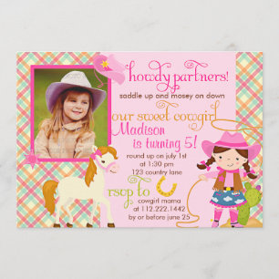 Modern Pink Cowgirl Little Horse Cute Photo Party Invitation