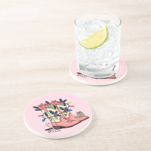 Modern Pink Cowgirl Western Boots Christmas Coaster