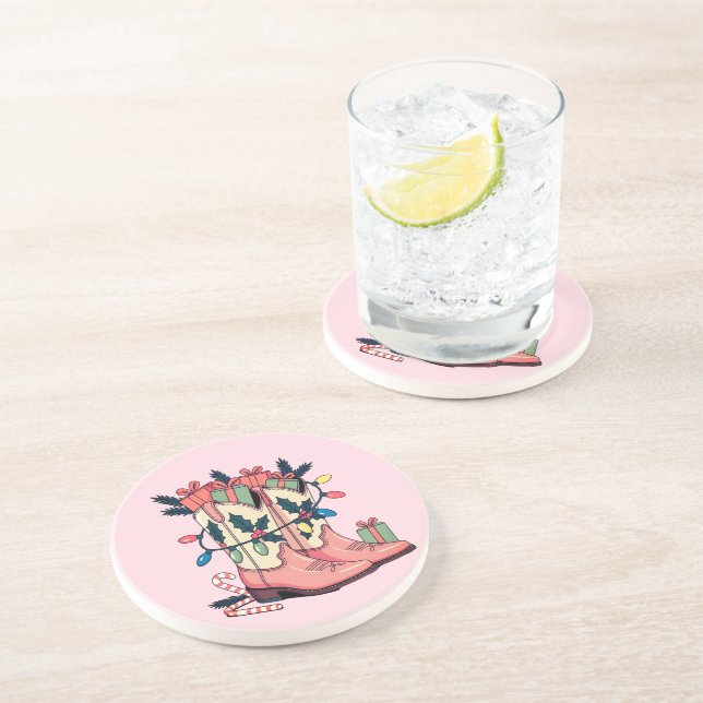 Modern Pink Cowgirl Western Boots Christmas Coaster (Side)