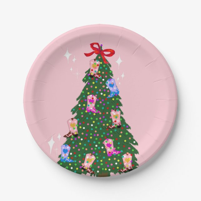Modern Pink Cowgirl Western Boots Christmas   Paper Plate (Front)