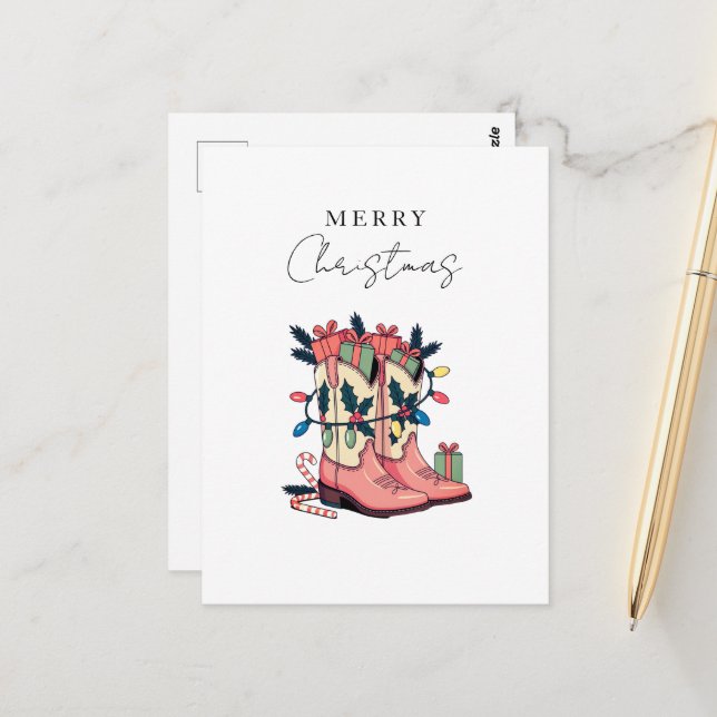Modern Pink Cowgirl Western Boots Christmas Postcard (Front/Back In Situ)