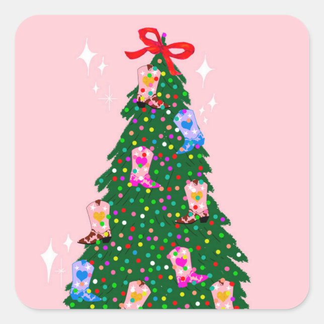 Modern Pink Cowgirl Western Boots Christmas   Square Sticker (Front)