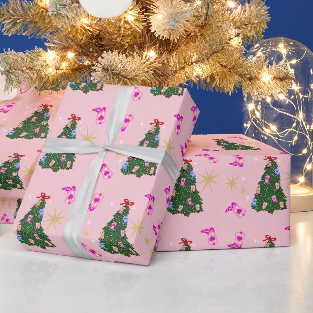 Modern Pink Cowgirl Western Boots Christmas Tree Wrapping Paper (Holidays)
