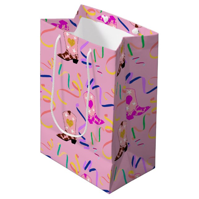 Modern Pink Cowgirl Western Boots Confetti   Medium Gift Bag (Front Angled)
