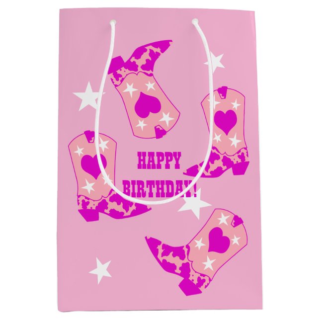 Modern Pink Cowgirl Western Boots Happy Birthday  Medium Gift Bag (Front)