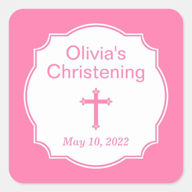 Modern Pink Cross Christening Baptism Square Square Sticker (Front)