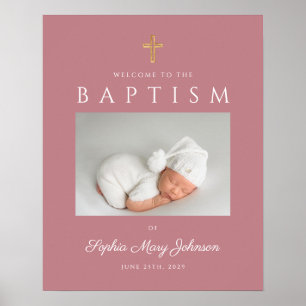 Modern Pink Cross Girl Baptism Photo Welcome  Poster