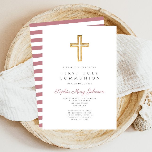 Modern Pink Cross Girl First Communion Invitation (Pink Stripes Cross Religious Girl First Communion Invitation)