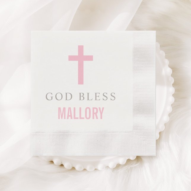 Modern Pink Cross God Bless Baby Girl Baptism Napkin (Creator Uploaded)