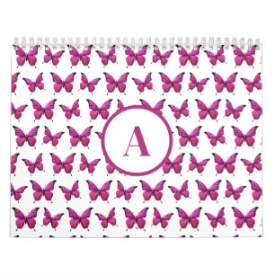 Modern Pink Cute Butterfly Pattern Monogram Calendar