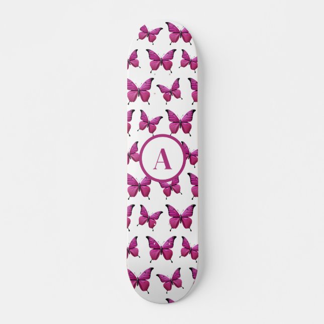 Modern Pink Cute Butterfly Pattern Monogram Skateboard (Front)