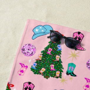 Modern Pink Disco Cowgirl Rodeo Christmas Tree  Beach Towel