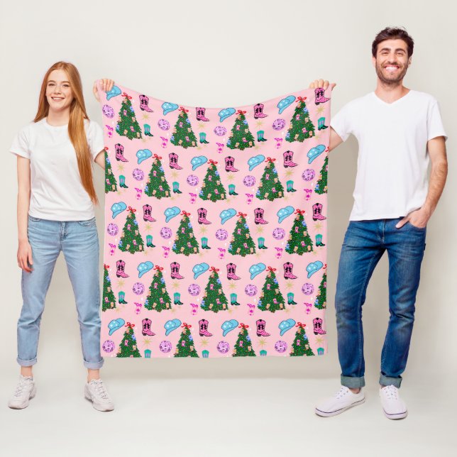 Modern Pink Disco Cowgirl Rodeo Christmas Tree  Fleece Blanket (In Situ)