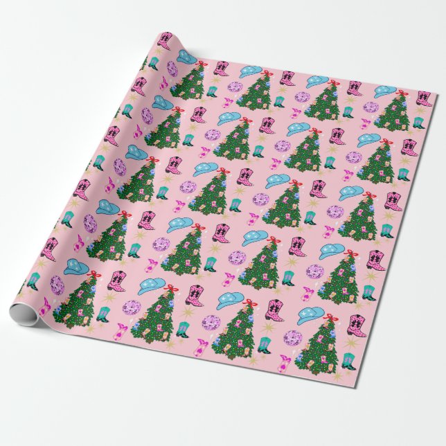 Modern Pink Disco Cowgirl Rodeo Christmas Tree  Wrapping Paper (Unrolled)