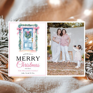 Modern Pink Door Merry Christmas Photo Holiday Card