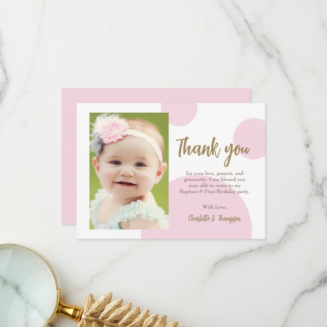 Modern Pink Dots Gold First birthday baptism photo Thank You Card (Front/Back In Situ)