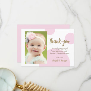 Modern Pink Dots Gold First birthday baptism photo Thank You Card