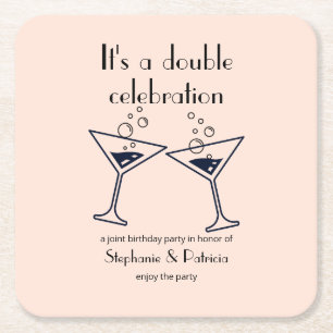 Modern Pink Double Celebration Joint Birthday Square Paper Coaster