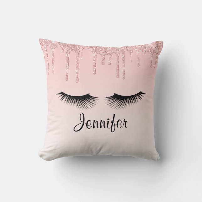 Modern Pink Dripping Glitter & Eyelashes Cushion (Front)