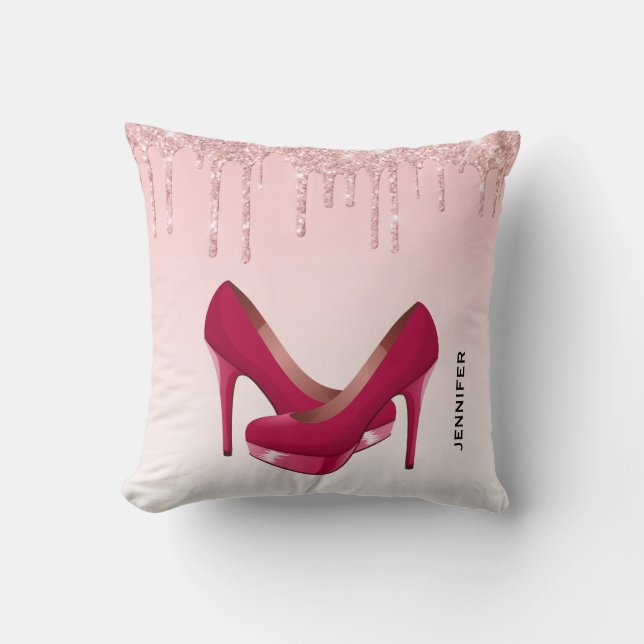 Modern Pink Dripping Glitter & High Heels Cushion (Front)