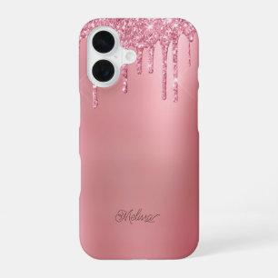 Modern Pink Dripping Glitter Personalise Name iPhone 16 Case