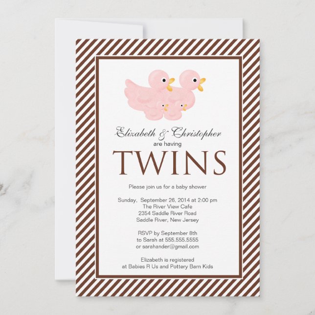 Modern Pink Ducks Couple Twins Baby Shower Invitation (Front)