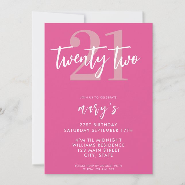 Modern pink elegant 21nd birthday invitation (Front)