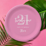 Modern Pink Elegant 21st Birthday Paper Plate<br><div class="desc">A simple modern 21st birthday paper plates featuring elegant calligraphy script typography and minimalist design in pink and white colour.</div>