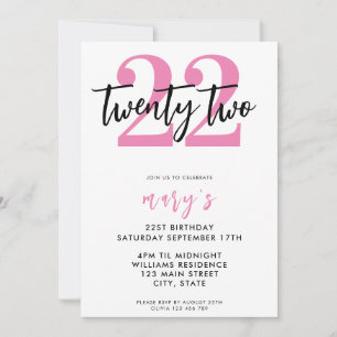 Modern pink elegant 22nd birthday invitation