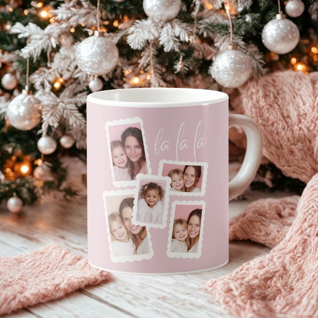 Modern Pink “Fa La La” Multi Photo Christmas  Coffee Mug (Creator Uploaded)