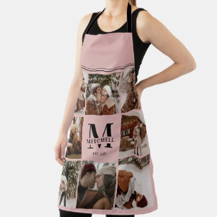 Modern Pink Family Photo Collage Monogram Gift Apron